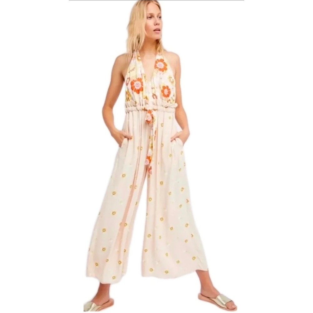 Free People Daisy & Dreams XS Jumpsuit Romper Floral Halter Wide Leg Cropped